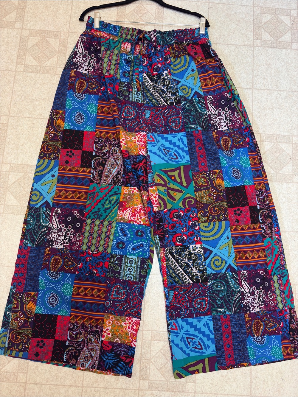 Women’s Plus 2X Pull-On Wide Leg Pants Cotton Palazzo Patchwork Boho Hippie EUC
